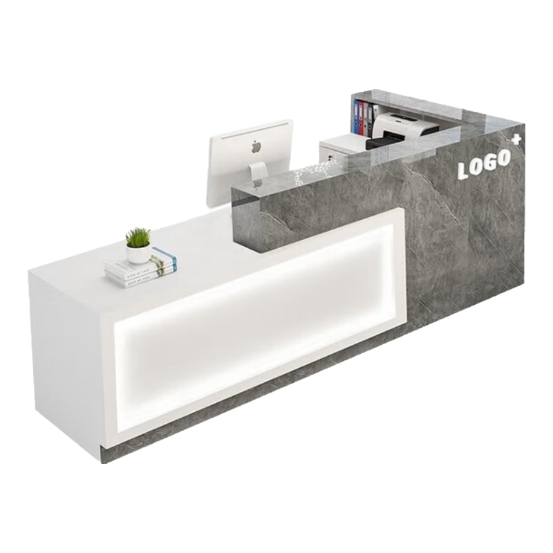 收銀臺前臺公司吧臺轉角烤漆前臺接待臺理發(fā)店美容院燈帶簡(jiǎn)約柜臺 白*灰啞光【右高】送燈帶 180x100x100cm/【加厚】
