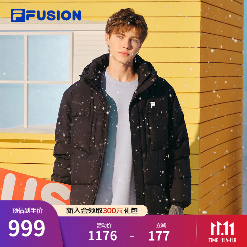 FILA FUSION斐乐潮牌情侣款羽绒服2025冬季新款宽松保暖连帽外套 正黑色-BK M 170/92A/M
