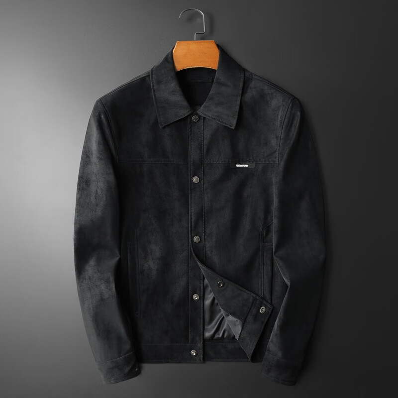 古德罗春秋季夹克男2025新款痞帅潮牌感翻领麂皮外套 黑色 m