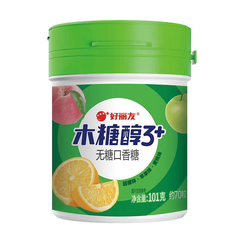 好丽友（ORION）木糖醇3+无糖口香糖口气清新方便携带提神大瓶装多口味休闲小零食 【超檬+苹果+蜜桃】101g1瓶