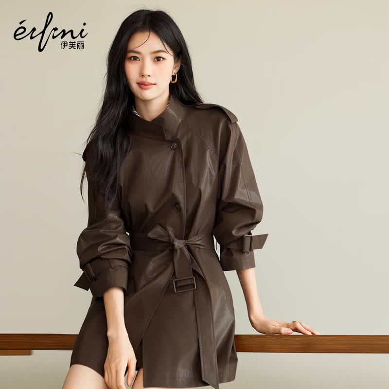 伊芙丽（eifini）秦岚代言伊芙丽立领设计双排扣仿皮中长款亮面风衣2025秋季新款 咖啡 中长款 S