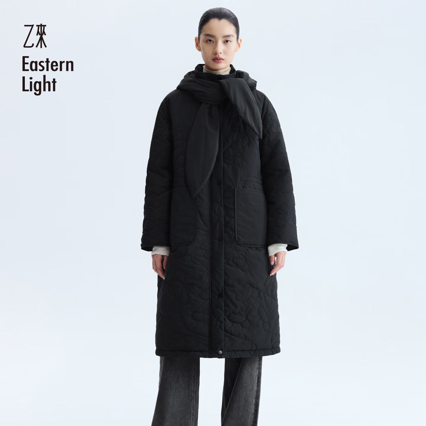 乙来【甄选90%大朵白鸭绒】E标绗缝长款连帽羽绒服女冬季外套衣服加厚 夜空黑 M
