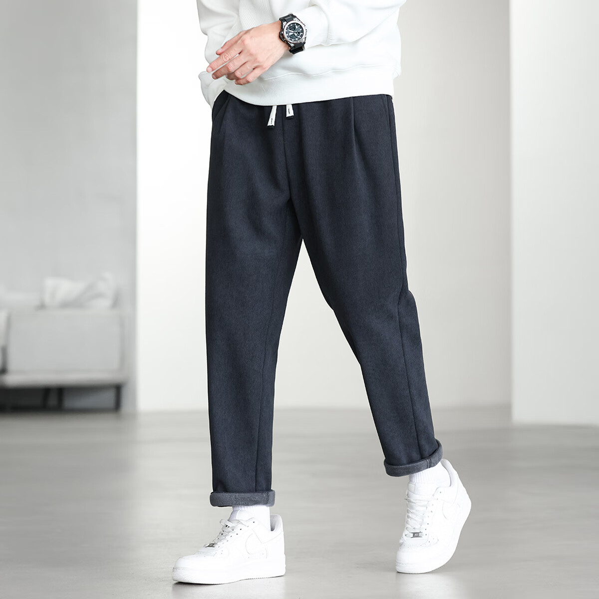 布衣传说【加绒加厚】重磅灯芯绒松紧腰抽绳柔软保暖运动小锥男式休闲裤 灰色 L