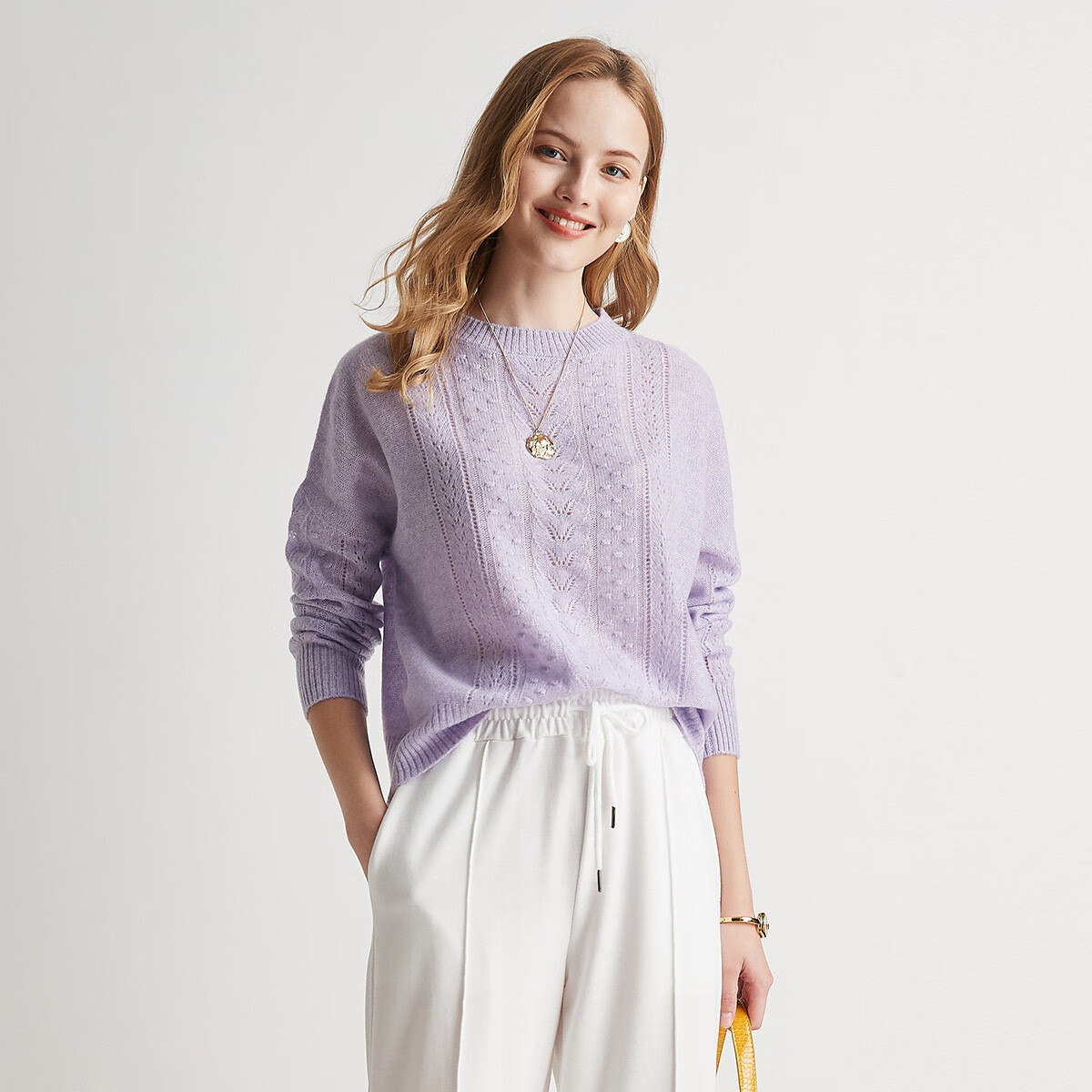 帕罗（PALUOPO）【100山羊绒】秋冬镂空绞花设计淑女宽松气质针织羊绒衫女 浅紫夹花 M 100