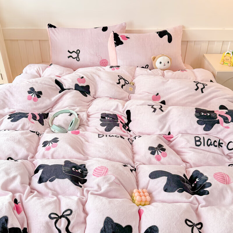软贝小清新牛奶绒床上四件套保暖毛绒床单被套学生宿舍秋冬款三件套 炫酷黑猫 床单款 2.0m 被套200*230cm 四件套