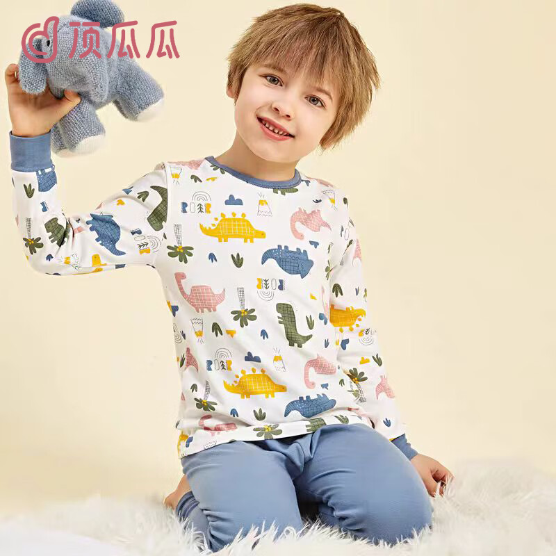 顶瓜瓜儿童秋衣秋裤套装纯棉男童棉毛衫保暖内衣女童全棉宝宝打底衣睡衣 多彩小恐龙 130 建议身高120-130cm