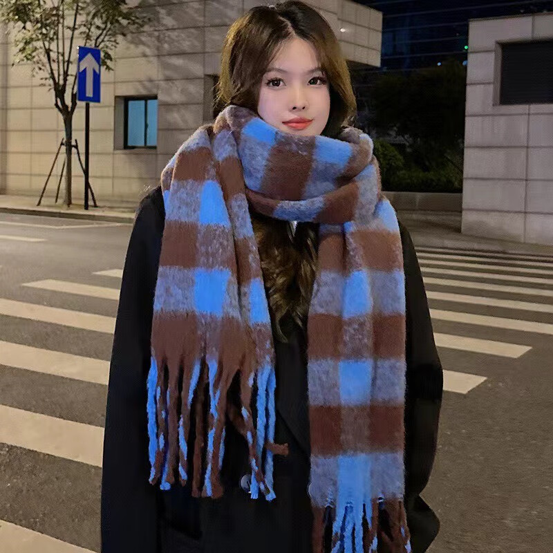 晒晒昵格子围巾女秋冬季时尚披肩韩版百搭厚保暖围脖2025新款学生 白蓝格子