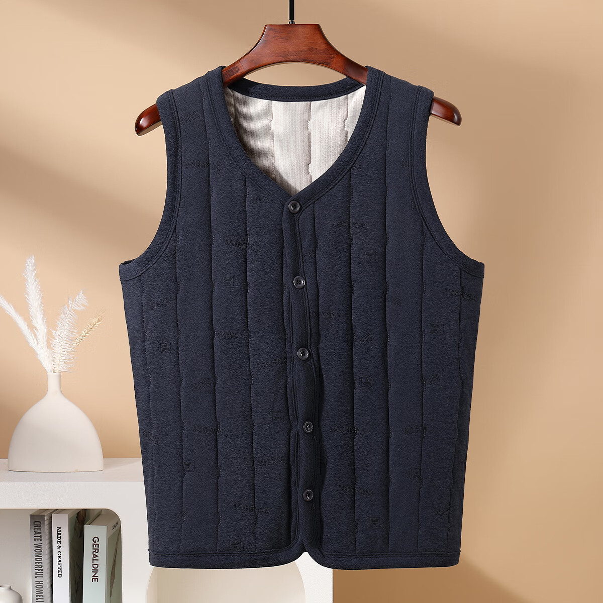 古今（GUJIN）保暖背心男士冬季V领纽扣开衫马甲男100%绵羊毛550G加厚暖防寒 藏青 （100%绵羊毛） XL 【推荐120-140斤】