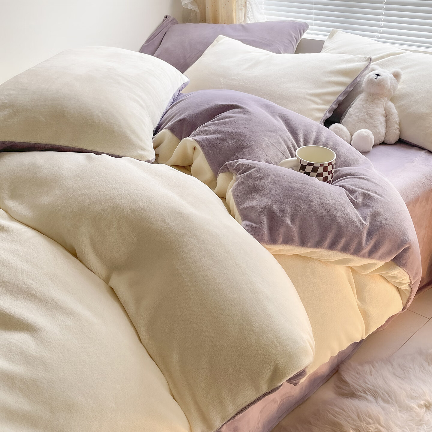 雅鹿纯色秋冬季牛奶绒保暖四件套珊瑚绒床上绒加厚法兰绒被套三件套 奶黄+浅紫【高克重牛奶绒 厚实保暖】 2.0m四件套 床单款 （被套220*240cm）