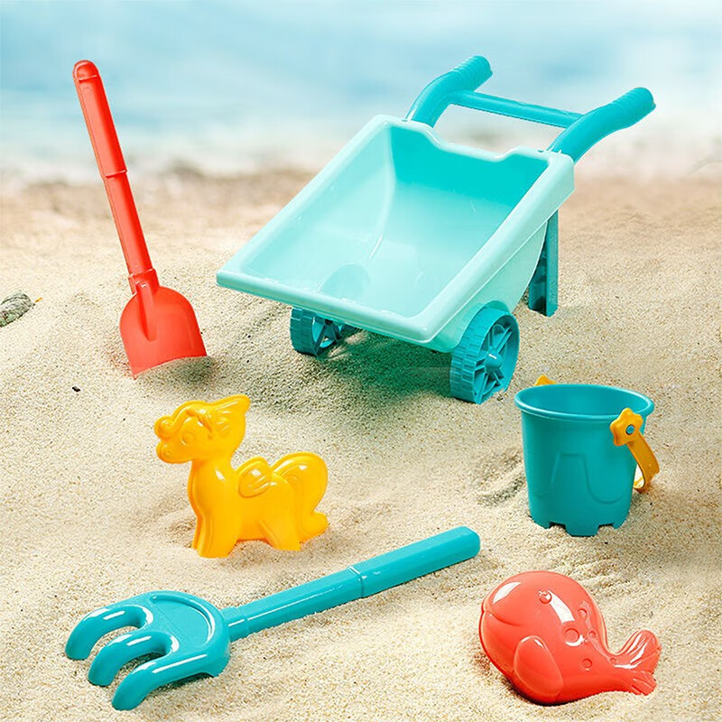 贝贝鸭儿童沙滩玩具玩沙子铲子和桶套装海边挖沙工具宝宝戏水沙漏玩具车松石绿沙滩手推车6件套