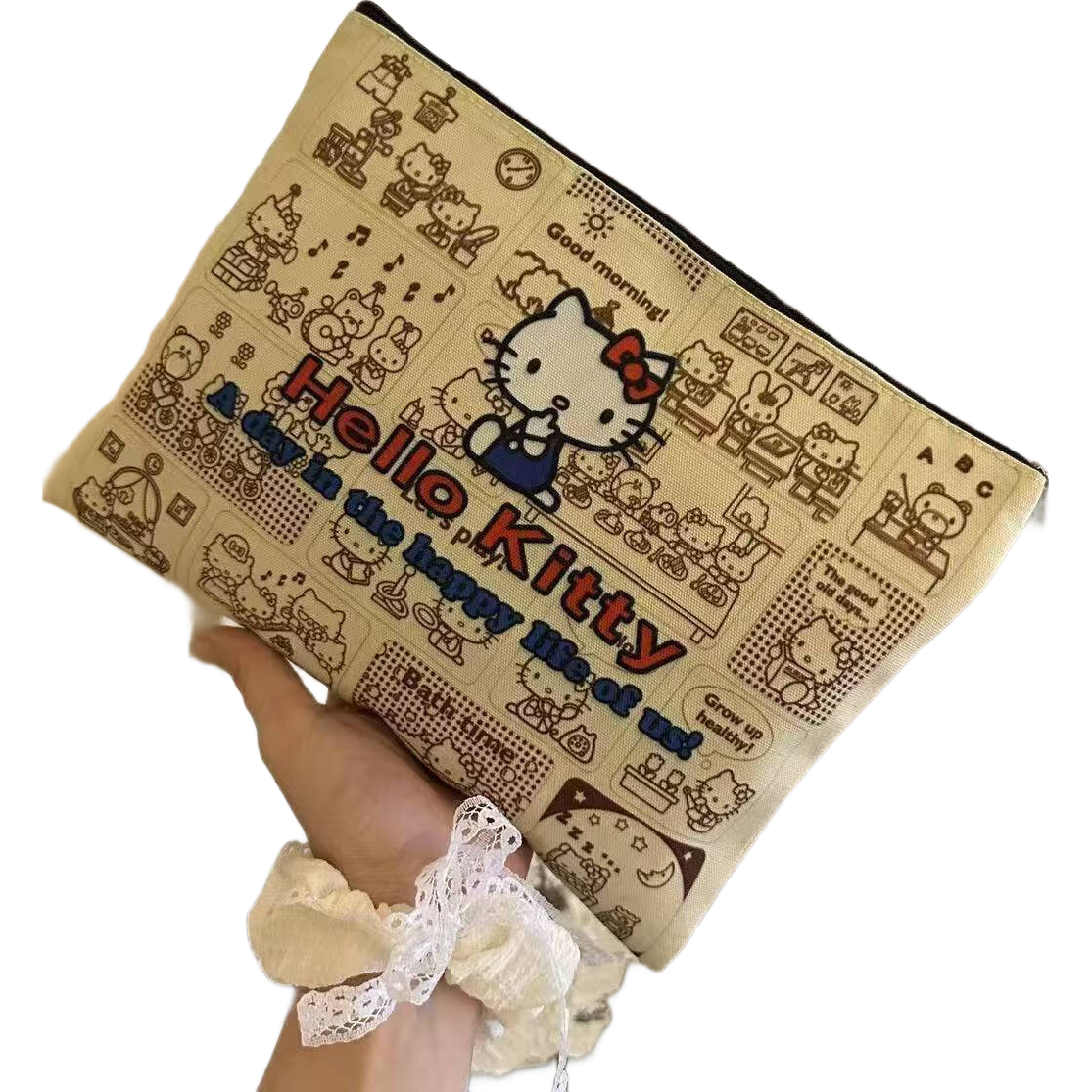 新款KT猫帆布手拿包收纳卡通帆布2024新款大容量百搭出行手拿包 三丽欧多图【手包】