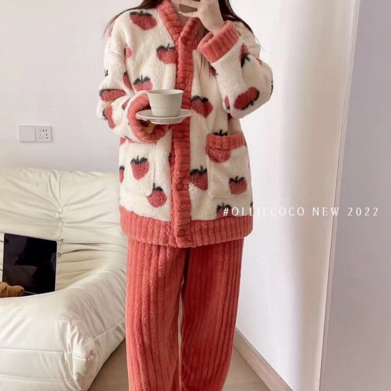 诗莉奥（SHILIAO）彩虹开衫睡衣女法兰绒套装秋冬季保暖仙女风睡袍可外穿甜美家居服 小花米白色套装 均码 【适合90-140斤】