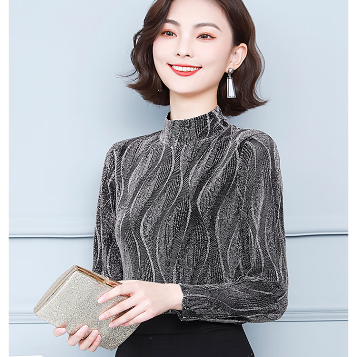 创琪潘妈妈装打底衫时尚洋气网纱T恤半高领蕾丝2025秋冬内搭加绒加厚上 B款 银色 常规 L