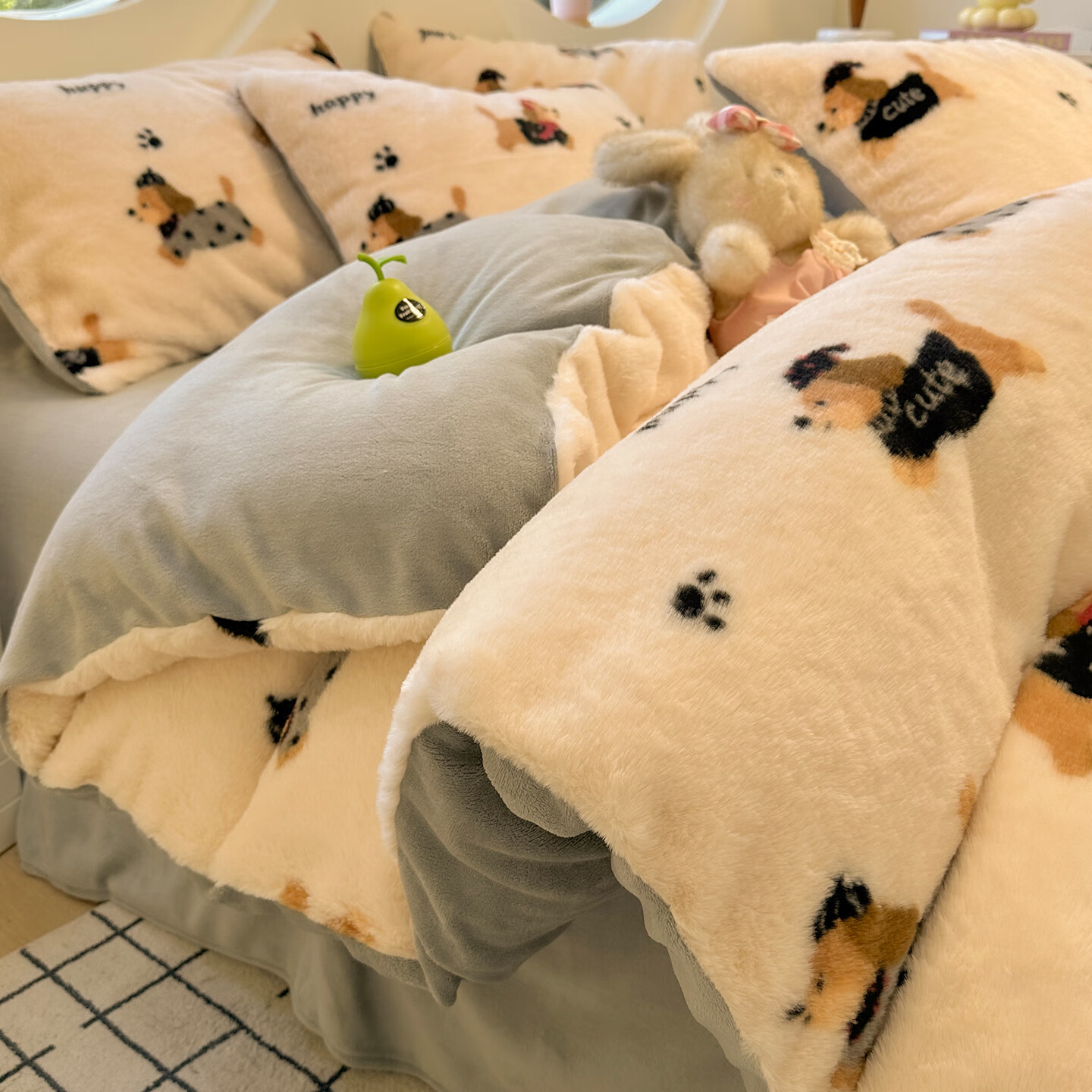 苏萱卡通腊肠狗秋冬加厚兔毛绒床上四件套珊瑚绒儿童被套床单人三件套 音乐腊肠狗 1.8m 床单款 四件套-被套200x230cm