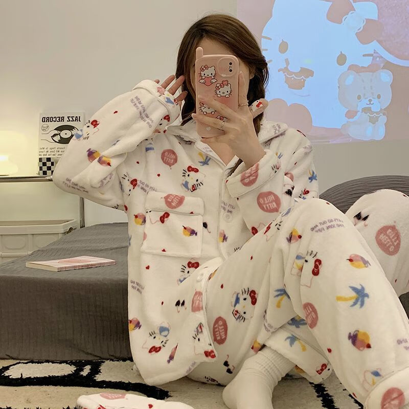 维多利亚的格调加绒加厚秋冬季睡衣女法兰绒珊瑚绒卡通猫咪学生家居服套装可外穿 绒-凯蒂猫 【无眼罩】 L 【95-115】