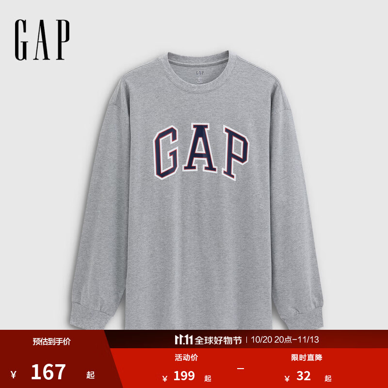 GAP男女装2025秋季新款字母logo圆领纯棉长袖T恤宽松上衣788456 浅灰色 M (170/92A) 亚洲尺码