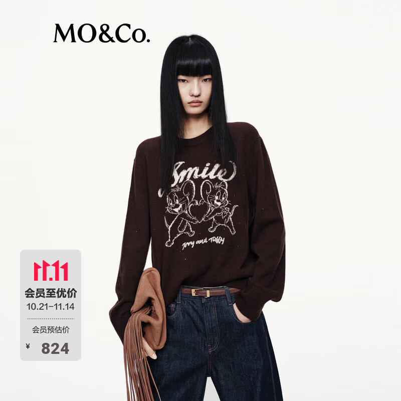MO&amp;Co.毛衣针织衫2025秋新品猫和老鼠联名系列绵羊毛烫钻MBE3SWTT08 布朗尼色 M /165