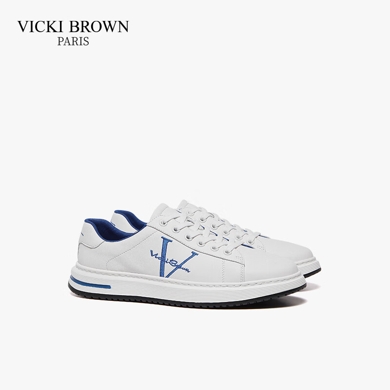 未毕(VICKI BROWN)法国品牌VB男鞋【冠军系列】简约潮流板鞋轻奢刺绣舒适防滑休闲鞋 白蓝色 37