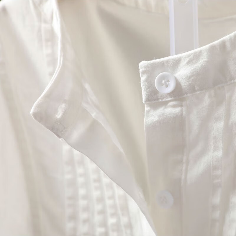 子牧棉麻2026春装 女风琴褶皱衬衫宽松长袖简约休闲百搭立领气质衬衣8856 白色 M (建议95-115斤)