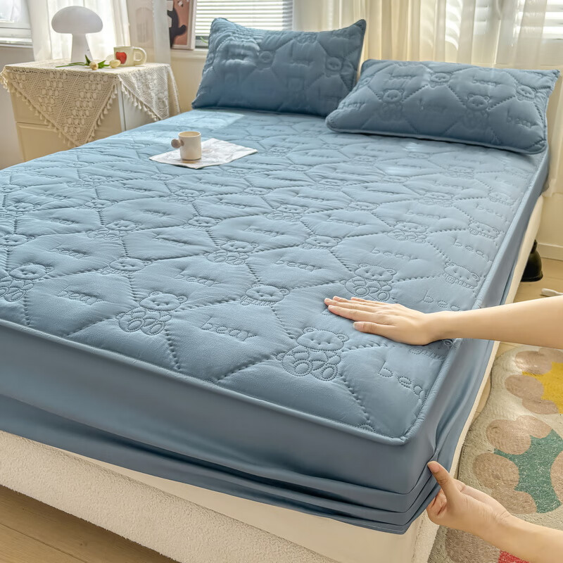 雅鹿加厚夹棉床笠防尘绗缝床罩三件套隔脏床盖床垫保护套床上用品 小熊夹棉床笠-宾利蓝【蓬松柔软 四季通用】 150*200cm单床笠