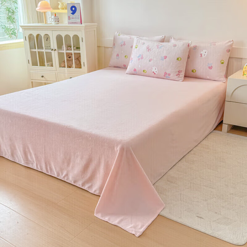 软贝小清新牛奶绒床上四件套保暖毛绒床单被套学生宿舍秋冬款三件套 草莓猫咪 床单款 2.0m  被套200*230cm 四件套