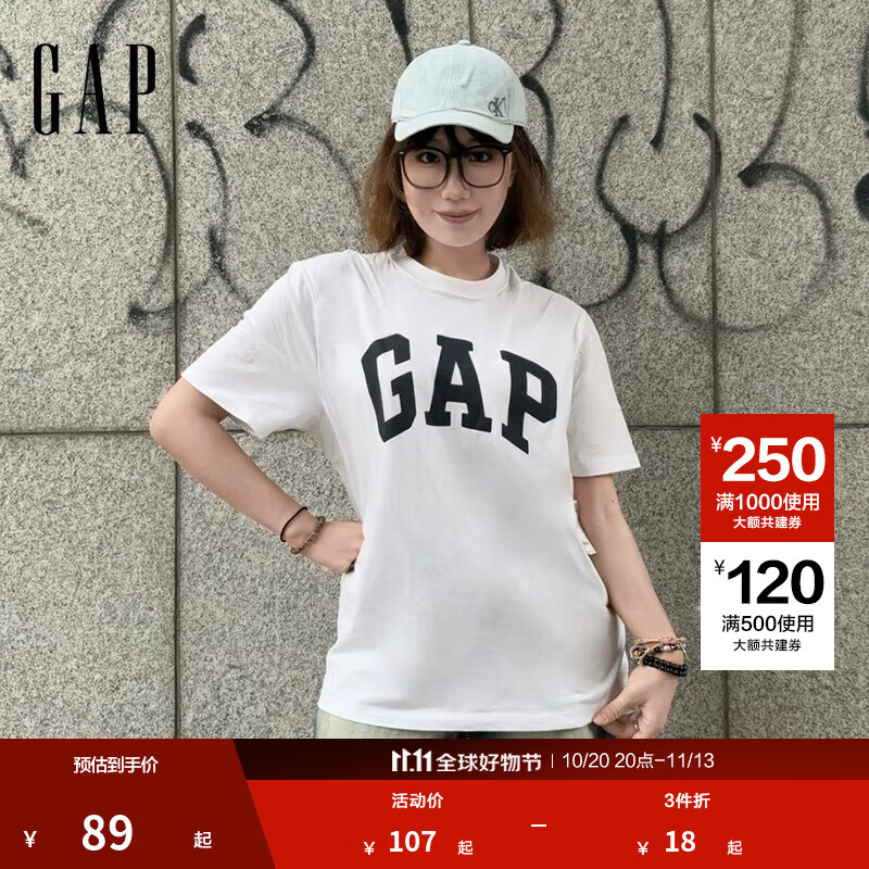 GAP男女装2025纯棉印花logo圆领修身短袖T恤美版856659 白色 XS 美码 S亚洲码175/88A