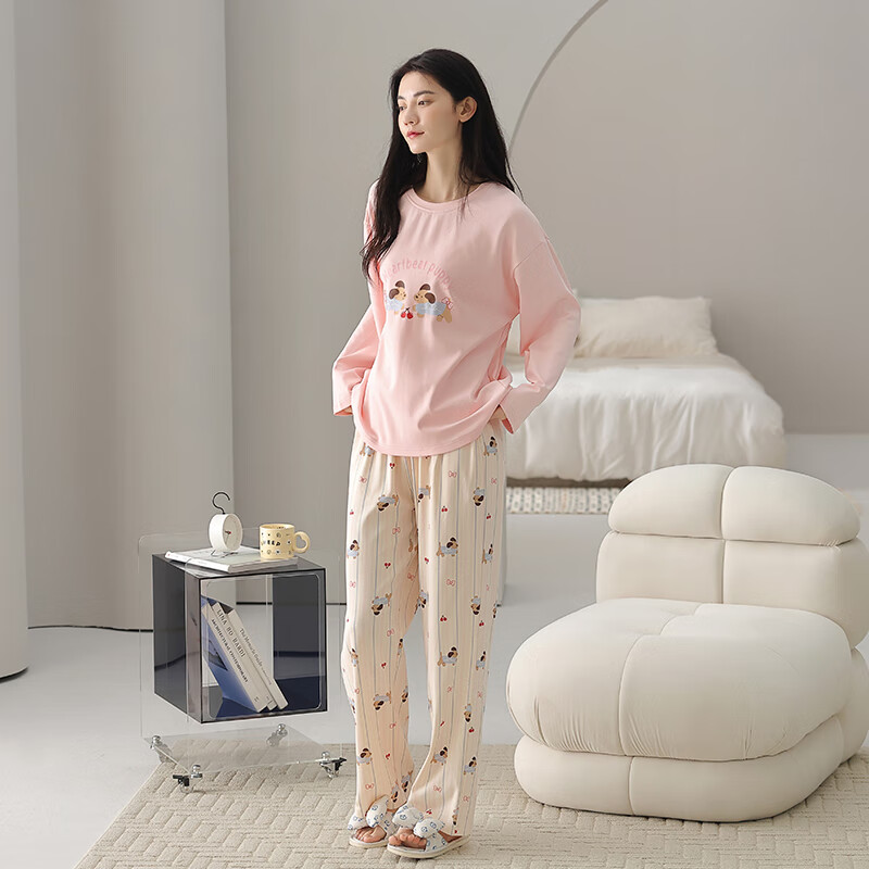 芬腾睡衣女【100%纯棉】秋冬新款圆领长袖卡通睡衣女家居服套装女神节 粉色 XL