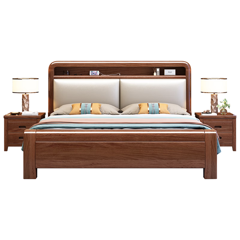 惠寻 京东自有品牌 实木床大床1.8米x2米胡桃木软靠榫卯床1.5米储物床 床+环保棕垫 1.5米x2米(框架结构)