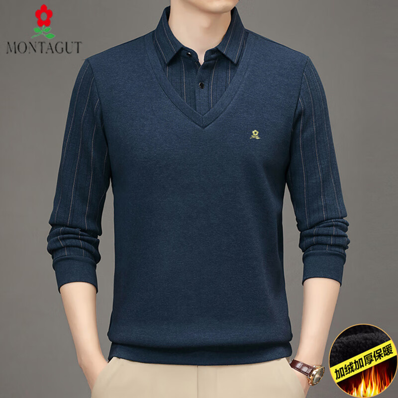梦特娇（MONTAGUT）假两件针织衫男加厚加绒中老年长袖t恤冬季保暖内衣爸爸装 哈青色 4XL 190/58 建议180斤-200斤