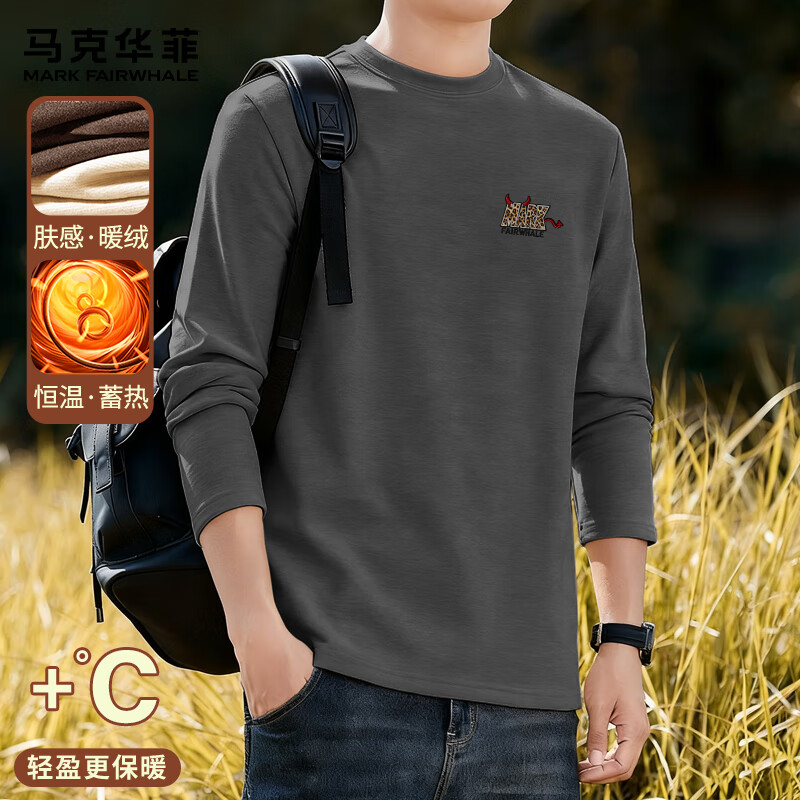 馬克華菲（MARK FAIRWHALE）羊毛絨圓領(lǐng)衫2025新款秋冬季微胖男士修身顯瘦不緊繃軟糯貼身打底 【雙面絨】-黑灰#JMK豹紋小惡魔 3XL