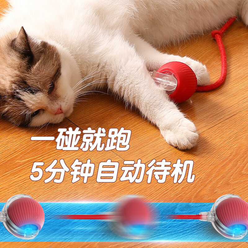 自动逗猫球自嗨解闷智能电动老鼠尾巴逗猫棒消耗体力突突球猫玩具 红色长绳款，动力加强 速度可调节