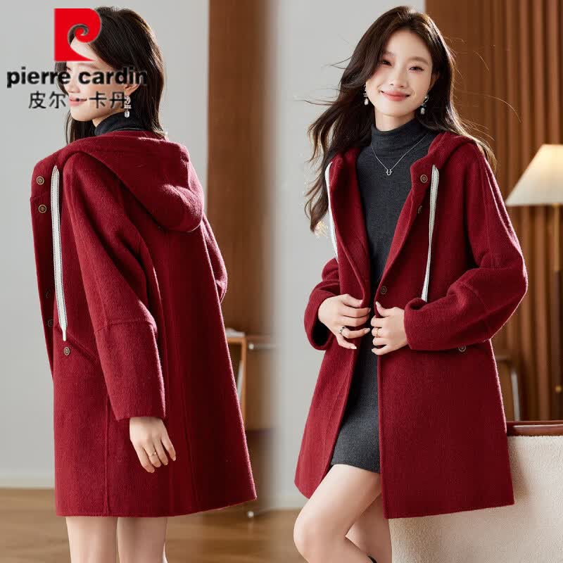 皮尔卡丹（pierre cardin）红色连帽双面呢大衣女秋冬气质时尚洋气宽松显瘦毛呢外套 安哥拉红 S 90-115斤