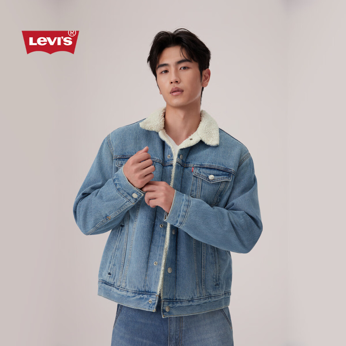 Levi&#039;s李维斯25年秋冬新款男士宽松休闲厚外套仿羊羔绒牛仔夹克 浅蓝色 L