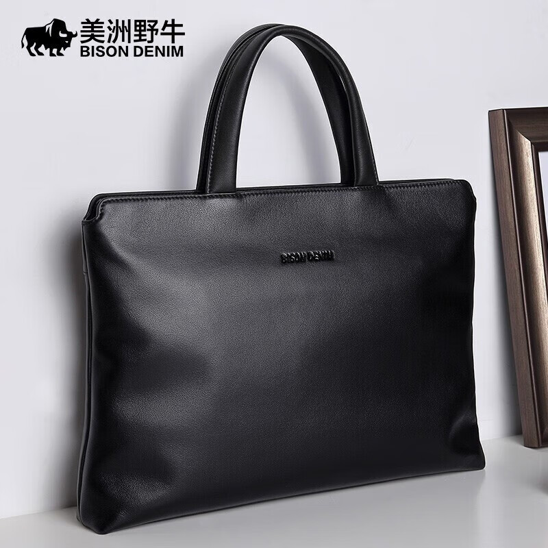 美洲野牛 男士公文包真皮商務男手提包頭層牛皮橫款皮包電腦包 橫款 平紋黑色(有內膽)裝14寸筆記本 #2#