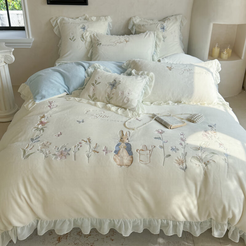 元族2025新款牛奶绒刺绣花边四件套-米菲兔 米菲兔-白蓝 床单款 1.2m三件套