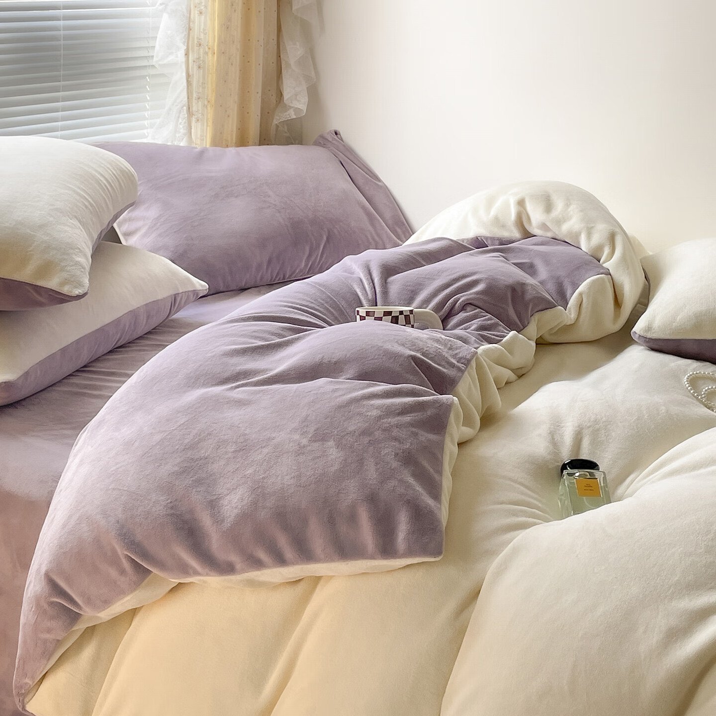 雅鹿纯色秋冬季牛奶绒保暖四件套珊瑚绒床上绒加厚法兰绒被套三件套 奶黄+浅紫【高克重牛奶绒 厚实保暖】 2.0m四件套 床单款 （被套220*240cm）