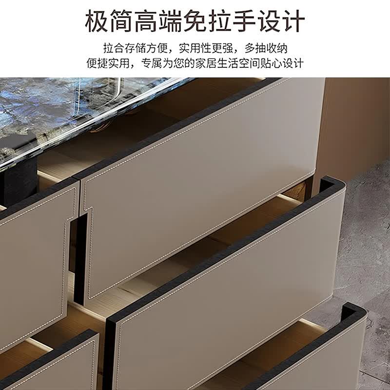 CUERO DESIGN轻奢大理石马鞍皮餐边柜家用靠墙储物斗柜卧室床尾高款电视柜边柜 （80x40x80cm）六斗柜【奶咖色+超晶石台面】 【整装发货 免安装】