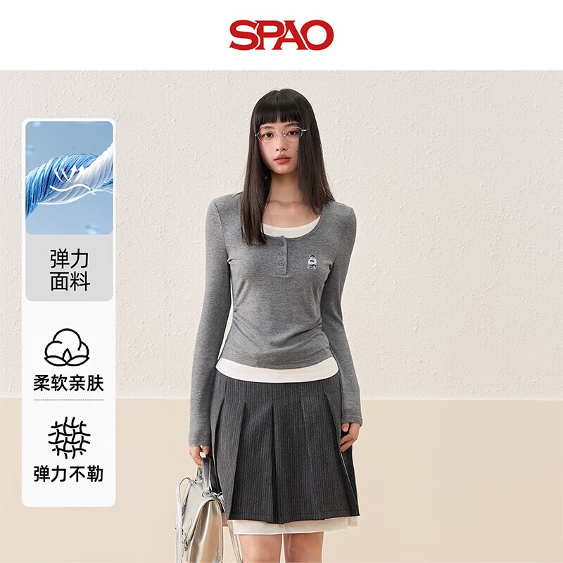 SPAO简约休闲开扣打底衫男女2025秋季舒适亲肤简约上衣SPCX25AD10XY 深麻灰#SP象牙熊-贴布绣 L
