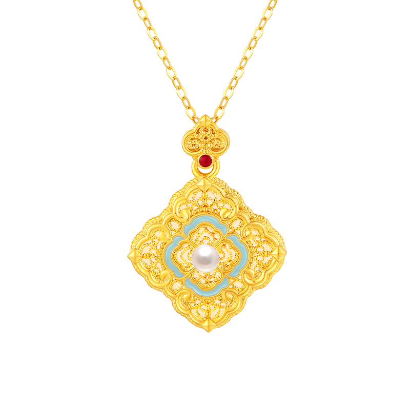 賽菲爾18K金鑲玉吊墜女款四合如意新中式和田玉吊墜送生日禮物 吊墜+K金O字鏈45cm+摯愛玫瑰禮盒