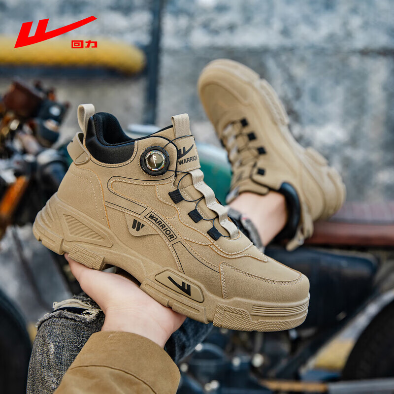回力马丁靴男2025新款高帮厚底工装靴冬季加绒男鞋增高户外徒步登山鞋 卡其色 42
