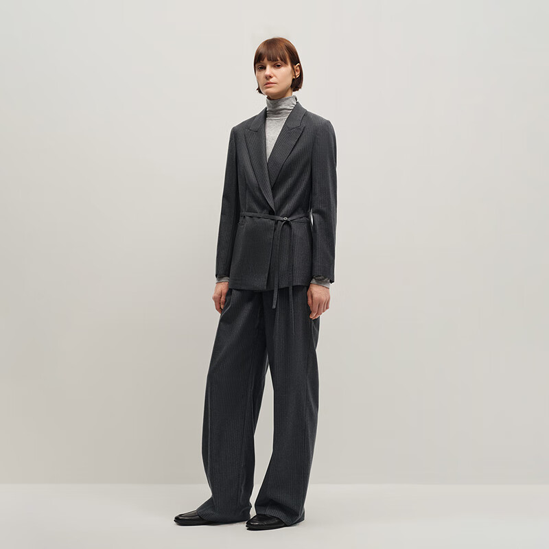 OVV2025秋冬新款女装经典微收腰随附腰带羊毛休闲西服 深空灰 M