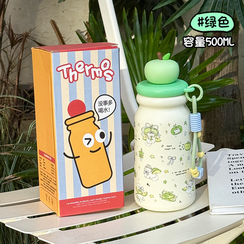 恒度原创苹果小狗保温杯女生新款高颜值316不锈钢杯子可爱吸管杯水杯 绿苹果天使小猫