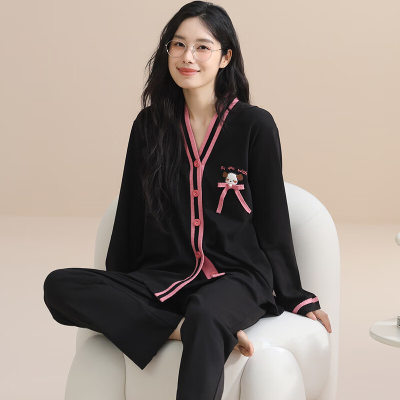 玛伦萨100%纯棉睡衣女春秋季可外穿2025新款柔软透气长袖长裤女士家居服 黑色 M
