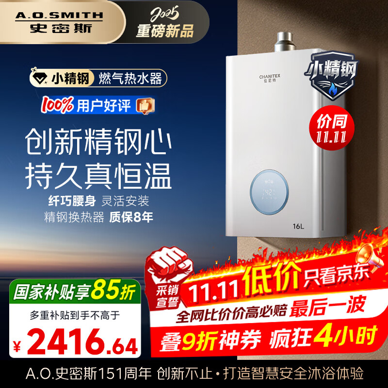 史密斯（A.O.SMITH）佳尼特【小精钢TCA1】16升精钢燃气热水器 国家补贴 JSQ31-TCA1 持久恒温大水量 新品