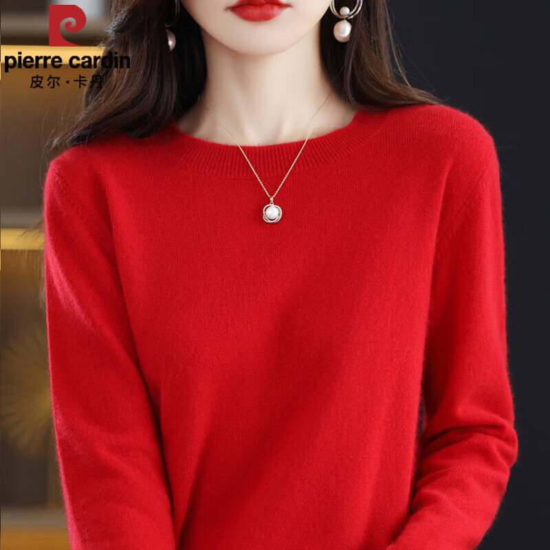 皮尔卡丹2025新款秋冬羊绒针织衫女时尚V领软糯毛衣打底衫百搭显瘦上衣 圆领-红色 L 建议105-115
