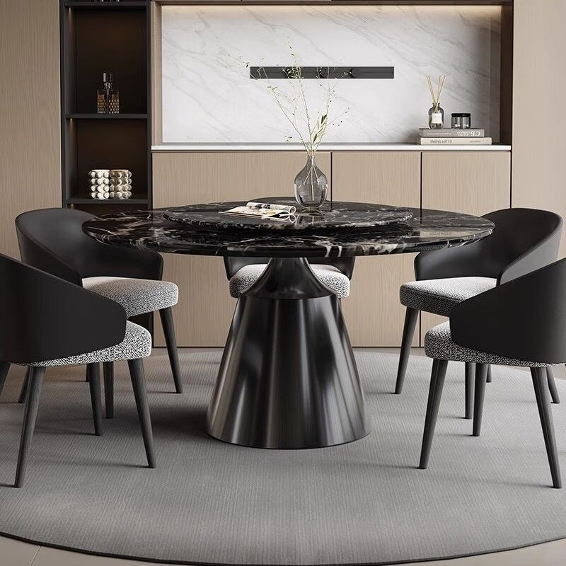 布欧格意式天然超晶石轻奢餐桌椅组合圆桌简约大理石餐桌家用饭桌带转盘 1.2米70CM转盘+4罗森椅