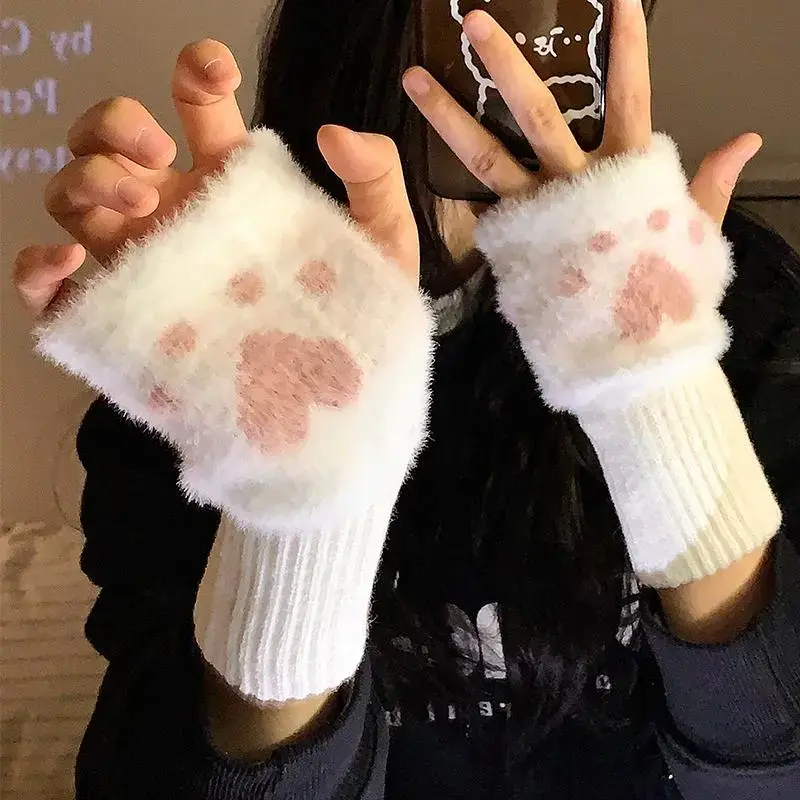 朋意冬季可爱猫爪半指毛绒手套女秋冬加绒加厚保暖可触屏写字护腕 猫爪半指手套-白色-1双 均码