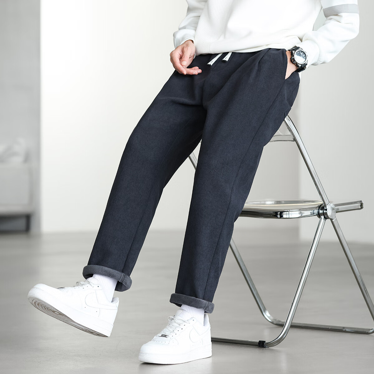 布衣传说【加绒加厚】重磅灯芯绒松紧腰抽绳柔软保暖运动小锥男式休闲裤 灰色 L