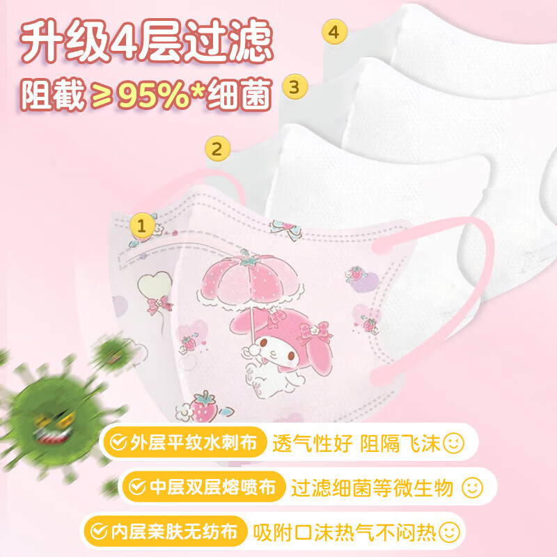 卫士立儿童KN95防护口罩美乐蒂库洛米3D立体透气卡通印花高颜值独立包装 新款【50只】随机混搭 独立包装