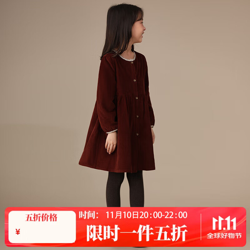 哈齿哈齿童装秋冬新品女童儿童亲子圆领碎花包边纯棉灯芯绒加绒连衣裙 枣红色现货 130cm
